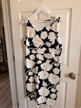 Ivanka Trump Black & White Floral Midi Dress with Blush Accents